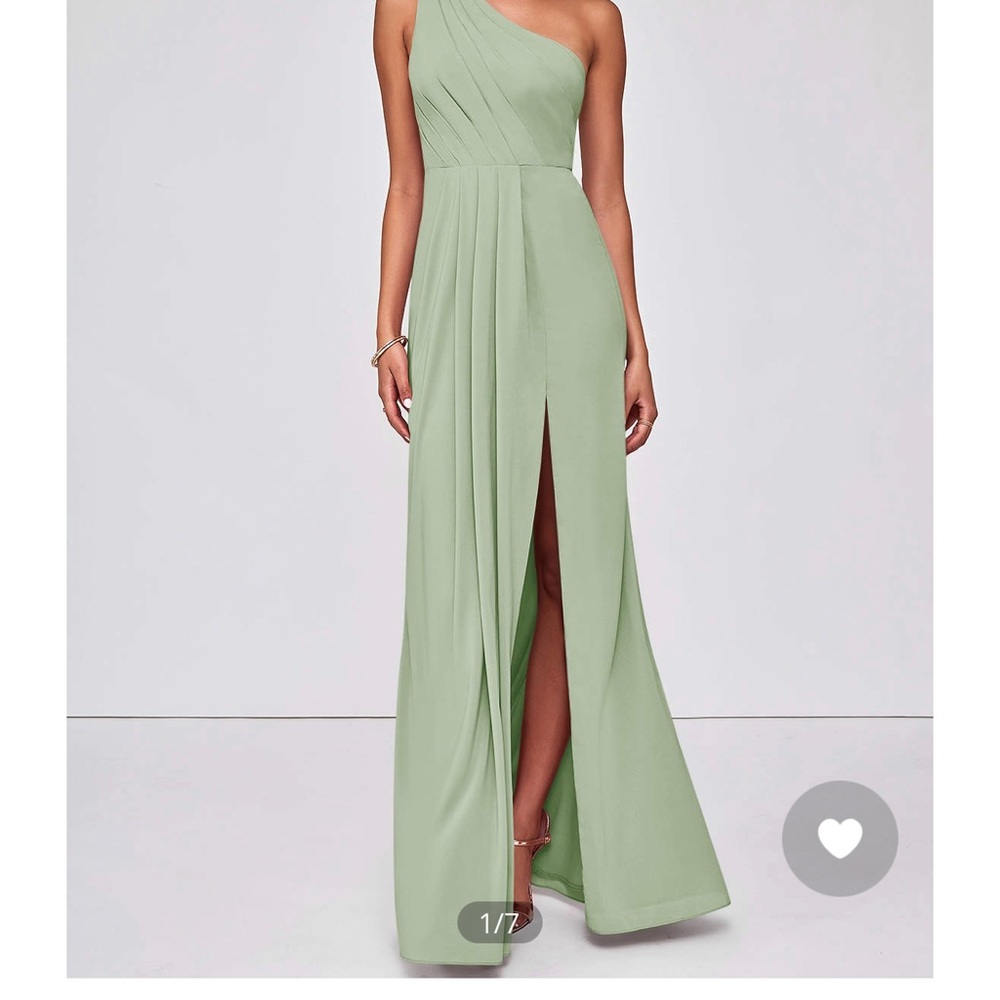Azazie Bridesmaid A Line gown with slit, One Shoulder, Dusty Sage, A14